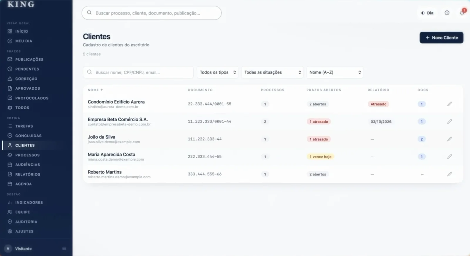 Tela de clientes com documentos, processos e prazos abertos de cada um